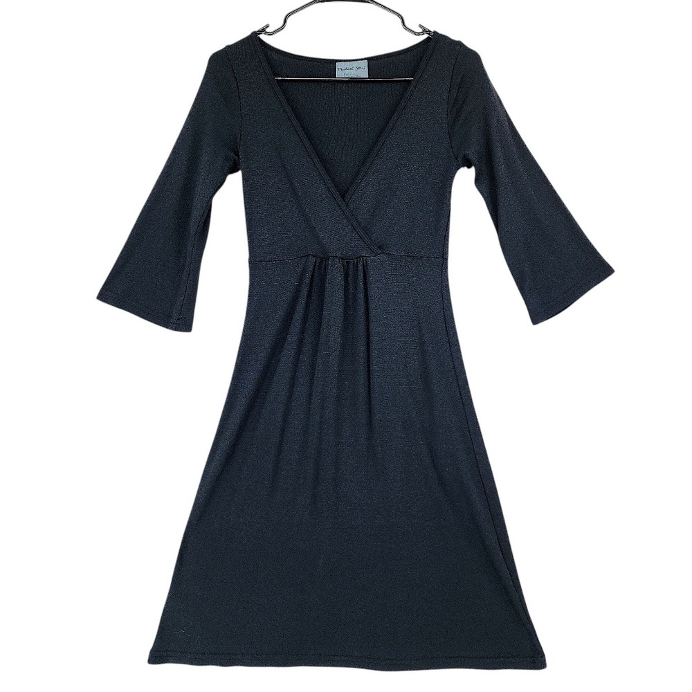 Michael Stars Dress One Size* Womens Black Surplice V-Neck Ribbed Knit Goth LBD - Picture 13 of 14